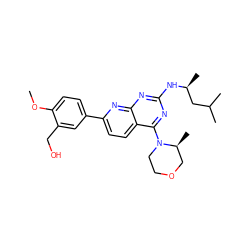 COc1ccc(-c2ccc3c(N4CCOC[C@@H]4C)nc(N[C@@H](C)CC(C)C)nc3n2)cc1CO ZINC000138666668