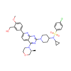 COc1ccc(-c2ccc3c(N4CCOC[C@@H]4C)nc(N4CCC(N(C5CC5)S(=O)(=O)c5ccc(Cl)cc5)CC4)nc3n2)cc1CO ZINC000199640724