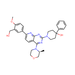 COc1ccc(-c2ccc3c(N4CCOC[C@@H]4C)nc(N4CCC(O)(c5ccccc5)CC4)nc3n2)cc1CO ZINC000138630847