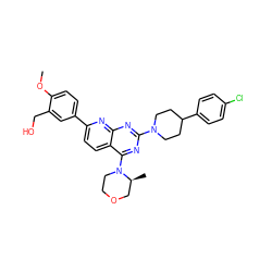 COc1ccc(-c2ccc3c(N4CCOC[C@@H]4C)nc(N4CCC(c5ccc(Cl)cc5)CC4)nc3n2)cc1CO ZINC000138631315