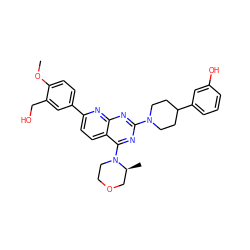 COc1ccc(-c2ccc3c(N4CCOC[C@@H]4C)nc(N4CCC(c5cccc(O)c5)CC4)nc3n2)cc1CO ZINC000138935423