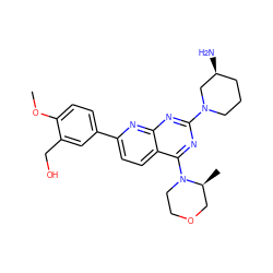 COc1ccc(-c2ccc3c(N4CCOC[C@@H]4C)nc(N4CCC[C@H](N)C4)nc3n2)cc1CO ZINC000138666476