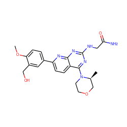COc1ccc(-c2ccc3c(N4CCOC[C@@H]4C)nc(NCC(N)=O)nc3n2)cc1CO ZINC000139549252