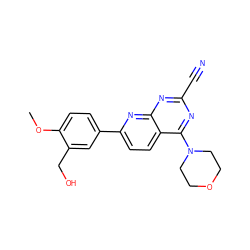 COc1ccc(-c2ccc3c(N4CCOCC4)nc(C#N)nc3n2)cc1CO ZINC000205170690