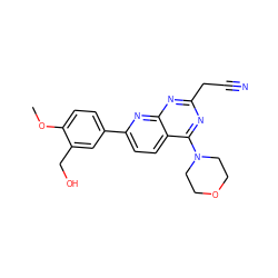 COc1ccc(-c2ccc3c(N4CCOCC4)nc(CC#N)nc3n2)cc1CO ZINC000205172872