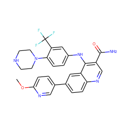 COc1ccc(-c2ccc3ncc(C(N)=O)c(Nc4ccc(N5CCNCC5)c(C(F)(F)F)c4)c3c2)cn1 ZINC000653761019