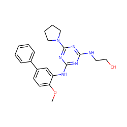 COc1ccc(-c2ccccc2)cc1Nc1nc(NCCO)nc(N2CCCC2)n1 ZINC000014968091