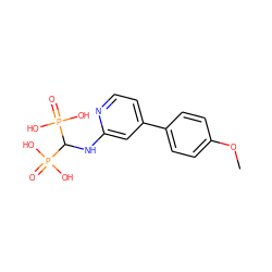 COc1ccc(-c2ccnc(NC(P(=O)(O)O)P(=O)(O)O)c2)cc1 ZINC000084652906