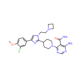 COc1ccc(-c2cn(CCN3CCC3)c(C3CCN(c4ncnc(N)c4C(N)=O)CC3)n2)cc1Cl ZINC001772588348