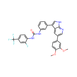 COc1ccc(-c2cnc3[nH]cc(-c4cccc(NC(=O)Nc5ccc(C(F)(F)F)cc5F)c4)c3c2)cc1OC ZINC000043010849