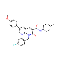 COc1ccc(-c2cnc3c(c2)cc(C(=O)NC2CCC(C)CC2)c(=O)n3Cc2ccc(F)cc2)cc1 ZINC000299840577