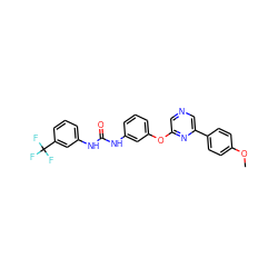 COc1ccc(-c2cncc(Oc3cccc(NC(=O)Nc4cccc(C(F)(F)F)c4)c3)n2)cc1 ZINC000473084286