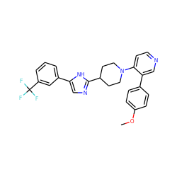 COc1ccc(-c2cnccc2N2CCC(c3ncc(-c4cccc(C(F)(F)F)c4)[nH]3)CC2)cc1 ZINC000219118336