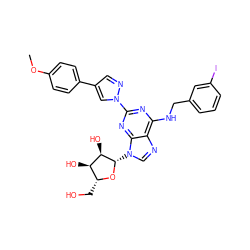 COc1ccc(-c2cnn(-c3nc(NCc4cccc(I)c4)c4ncn([C@@H]5O[C@H](CO)[C@@H](O)[C@H]5O)c4n3)c2)cc1 ZINC000028395220