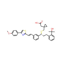 COc1ccc(-c2csc(/C=C/c3cccc([C@@H](CCc4ccccc4C(C)(C)O)SCC4(CC(=O)O)CC4)c3)n2)cc1 ZINC000029388576