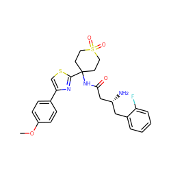 COc1ccc(-c2csc(C3(NC(=O)C[C@H](N)Cc4ccccc4F)CCS(=O)(=O)CC3)n2)cc1 ZINC000095562268