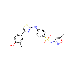 COc1ccc(-c2csc(Nc3ccc(S(=O)(=O)Nc4cc(C)on4)cc3)n2)cc1C ZINC000001133520