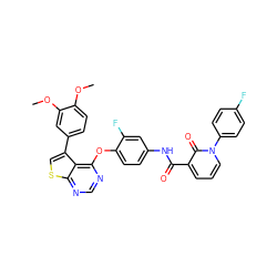 COc1ccc(-c2csc3ncnc(Oc4ccc(NC(=O)c5cccn(-c6ccc(F)cc6)c5=O)cc4F)c23)cc1OC ZINC000072113762