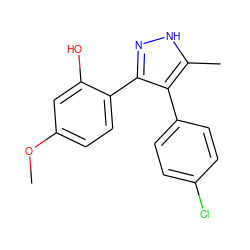 COc1ccc(-c2n[nH]c(C)c2-c2ccc(Cl)cc2)c(O)c1 ZINC000013126250