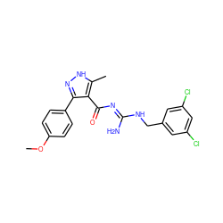 COc1ccc(-c2n[nH]c(C)c2C(=O)/N=C(\N)NCc2cc(Cl)cc(Cl)c2)cc1 ZINC000034775859