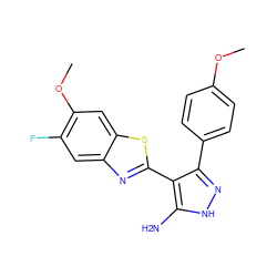 COc1ccc(-c2n[nH]c(N)c2-c2nc3cc(F)c(OC)cc3s2)cc1 ZINC000114399338