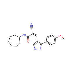 COc1ccc(-c2n[nH]cc2/C=C(/C#N)C(=O)NC2CCCCCC2)cc1 ZINC000017074905