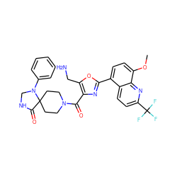 COc1ccc(-c2nc(C(=O)N3CCC4(CC3)C(=O)NCN4c3ccccc3)c(CN)o2)c2ccc(C(F)(F)F)nc12 ZINC000028950252