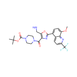 COc1ccc(-c2nc(C(=O)N3CCN(C(=O)OC(C)(C)C)CC3)c(CN)o2)c2ccc(C(F)(F)F)nc12 ZINC000028950242