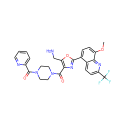 COc1ccc(-c2nc(C(=O)N3CCN(C(=O)c4ccccn4)CC3)c(CN)o2)c2ccc(C(F)(F)F)nc12 ZINC000028950280