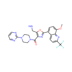 COc1ccc(-c2nc(C(=O)N3CCN(c4ncccn4)CC3)c(CN)o2)c2ccc(C(F)(F)F)nc12 ZINC000028950256