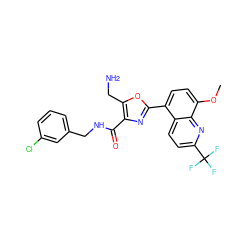 COc1ccc(-c2nc(C(=O)NCc3cccc(Cl)c3)c(CN)o2)c2ccc(C(F)(F)F)nc12 ZINC000084605193