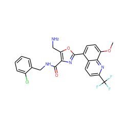 COc1ccc(-c2nc(C(=O)NCc3ccccc3Cl)c(CN)o2)c2ccc(C(F)(F)F)nc12 ZINC000084603475