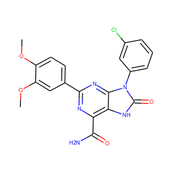 COc1ccc(-c2nc(C(N)=O)c3[nH]c(=O)n(-c4cccc(Cl)c4)c3n2)cc1OC ZINC000004176056
