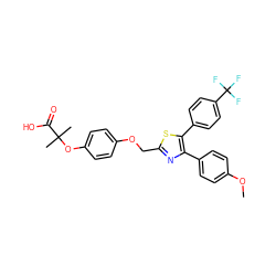 COc1ccc(-c2nc(COc3ccc(OC(C)(C)C(=O)O)cc3)sc2-c2ccc(C(F)(F)F)cc2)cc1 ZINC000049785269