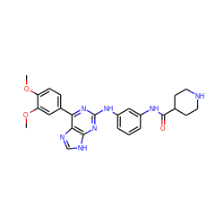 COc1ccc(-c2nc(Nc3cccc(NC(=O)C4CCNCC4)c3)nc3[nH]cnc23)cc1OC ZINC000084631943