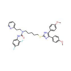 COc1ccc(-c2nc(SCCCCCN(CCc3ccccn3)C(=O)Nc3ccc(F)cc3F)[nH]c2-c2ccc(OC)cc2)cc1 ZINC000003943697