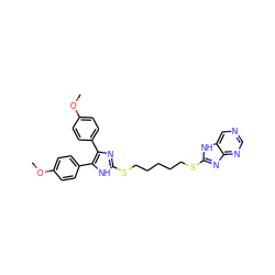 COc1ccc(-c2nc(SCCCCCSc3nc4ncncc4[nH]3)[nH]c2-c2ccc(OC)cc2)cc1 ZINC000029474487