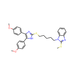 COc1ccc(-c2nc(SCCCCCn3c(SC)nc4ccccc43)[nH]c2-c2ccc(OC)cc2)cc1 ZINC000029476337