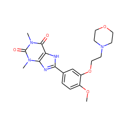 COc1ccc(-c2nc3c([nH]2)c(=O)n(C)c(=O)n3C)cc1OCCN1CCOCC1 ZINC000040939143