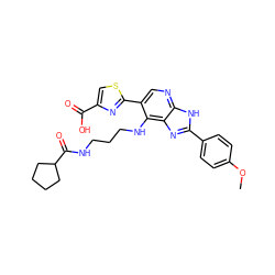 COc1ccc(-c2nc3c(NCCCNC(=O)C4CCCC4)c(-c4nc(C(=O)O)cs4)cnc3[nH]2)cc1 ZINC000103248062