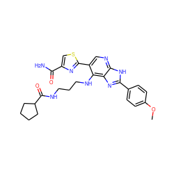 COc1ccc(-c2nc3c(NCCCNC(=O)C4CCCC4)c(-c4nc(C(N)=O)cs4)cnc3[nH]2)cc1 ZINC000103248061