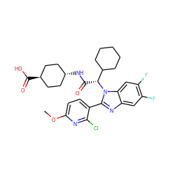 COc1ccc(-c2nc3cc(F)c(F)cc3n2[C@H](C(=O)N[C@H]2CC[C@H](C(=O)O)CC2)C2CCCCC2)c(Cl)n1 ZINC000254051074