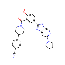 COc1ccc(-c2nc3cc(N4CCCC4)ncc3[nH]2)cc1C(=O)N1CCC(c2ccc(C#N)cc2)CC1 ZINC000150325188
