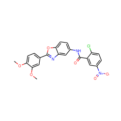 COc1ccc(-c2nc3cc(NC(=O)c4cc([N+](=O)[O-])ccc4Cl)ccc3o2)cc1OC ZINC000020411978