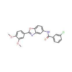 COc1ccc(-c2nc3cc(NC(=O)c4cccc(Cl)c4)ccc3o2)cc1OC ZINC000020411919