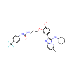 COc1ccc(-c2nc3ccc(C)cn3c2NC2CCCCC2)cc1OCCCNC(=O)Nc1ccc(C(F)(F)F)cc1 ZINC000095591252
