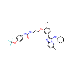 COc1ccc(-c2nc3ccc(C)cn3c2NC2CCCCC2)cc1OCCCNC(=O)Nc1ccc(OC(F)(F)F)cc1 ZINC000095589556