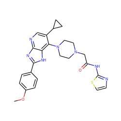 COc1ccc(-c2nc3ncc(C4CC4)c(N4CCN(CC(=O)Nc5nccs5)CC4)c3[nH]2)cc1 ZINC000049037217