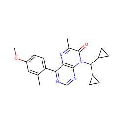 COc1ccc(-c2ncnc3c2nc(C)c(=O)n3C(C2CC2)C2CC2)c(C)c1 ZINC000084672118