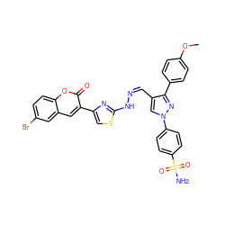 COc1ccc(-c2nn(-c3ccc(S(N)(=O)=O)cc3)cc2/C=N\Nc2nc(-c3cc4cc(Br)ccc4oc3=O)cs2)cc1 ZINC000653912910